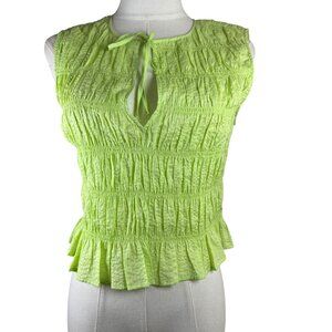 FRAME Chartreuse Crinkle Cotton Ruffle Hem Blouse Small Tie Neck Shirred